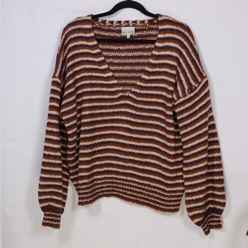 Major Label Group Striped‎ V-Neck Sweater Womens Large Brown Purple Knit Boho